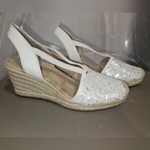 Anne Klein IFlex Chic White Sequin Espadrille Strappy Wedges Women's Size 7